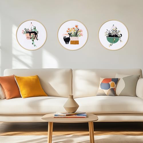 KEKEMEOW 3 Sets Embroidery Kit for Beginners, Stitches with Black Cat and Flowers, Embroidery Stitch Practice kit for Adults Craft Lover, Needlepoint Hand Embroidery Kit with Pattern、Instruction、Hoop - color: Cat&Flower