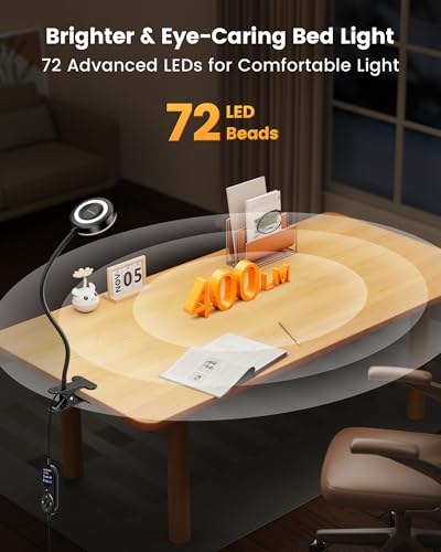 Glocusent 72 LED Clip on Lamp, Dorm Desk Lamp with 1700K Amber Night Light - color: Black