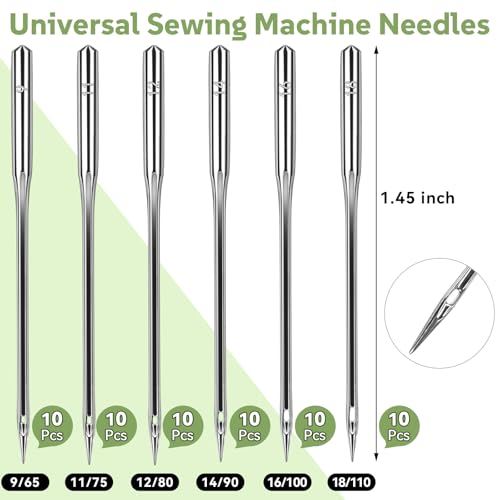 60 Pcs Universal Sewing Machine Needles, Size 65/9, 75/11, 80/12, 90/14, 100/16 and Heavy Duty 110/18, Ideal for Jeans, Canvas, Leather, Thick Fabric - size: mix