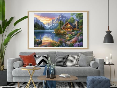 Moohue Needlepoint Kits 14ct Counted Cross Stitch Kits for Adults Mountains Lake Printed Stamped Cross Stitch Patterns Kits Cross Stitch Supplies (Mountains Lake House) - color: Mountains Lake House