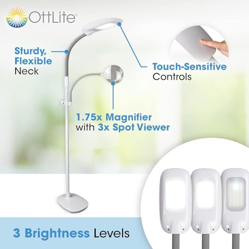 OttLite EasyView LED Floor Lamp with Optical Grade Magnifier, White - style: LED White