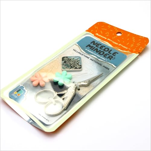 Awesome Pattern Studio Needle Minder Set - Yellowstone Magnetic Needle Minder + 2 Needle Threaders + Crane Scissors. Enamel Pin for Cross Stitch, Embroidery and Craft - size: Yellowstone Classic Design - SET #2