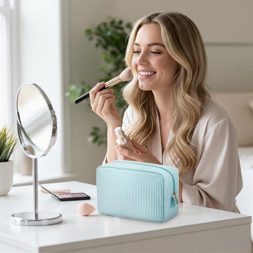 Sanwuta 10 Pcs Seersucker Cosmetic Bag Seersucker Makeup Bag Women Stripe Large Travel Toiletry Organizer Preppy Storage Pouch for Embroidery Wedding Bridesmaid Bride Mom (Mint Green) - color: Mint Green