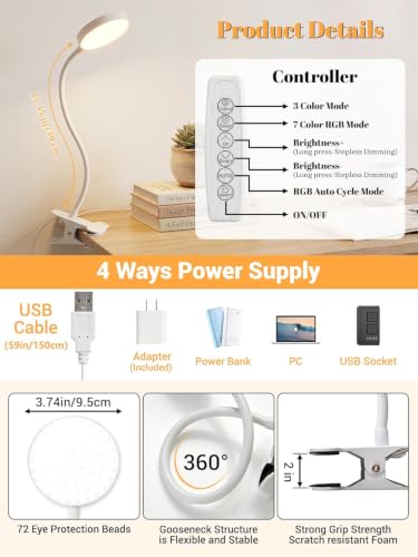 Clip on Lamp,10 RGB Colors+10 Brightness Bright Desk Lamp with Clamp Light - color: White