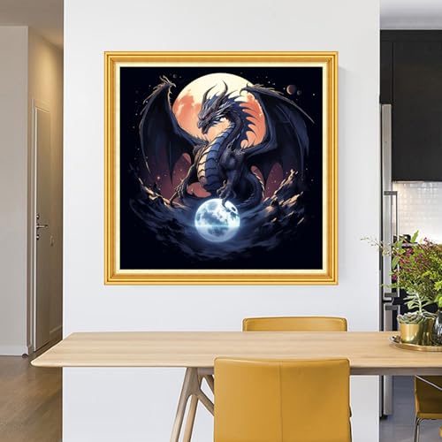 Foxhool Stamped Cross Stitch Kits,11CT Printed Cross Stitch Pattern Full Embroidery Kits for Beginner Needlepoint Kits-Moon Dragon 18x18 inch - color: Craftpatterns16