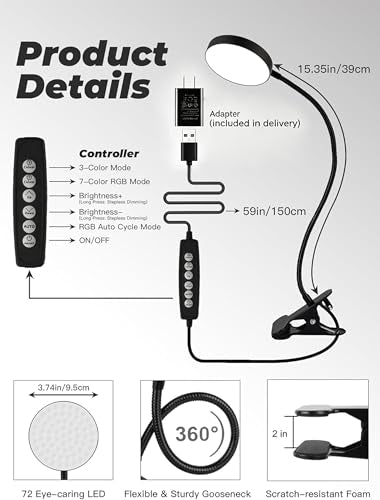 Clip on Light,10 RGB Colors+10 Brightness Small Desk Lamp with Clamp Light - color: Black