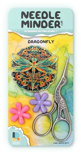 Awesome Pattern Studio Needle Minder Set - Dragonfly Magnetic Needle Minder + 2 Needle Threaders + Crane Scissors. Enamel Pin for Cross Stitch, Embroidery and Craft - size: Dragonfly Set #2