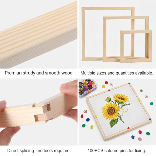 24 Pcs Stretcher Bars for Needlework with 100 Tacks, 6 Sizes Wooden Canvas Splicing Needlepoint Stretcher Bars Frame Set for Embroidery & Craft Supplies