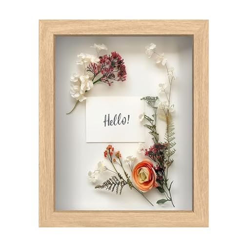 FrameWorks 8” x 10” Natural Oak Wooden Shadow Box Frame – Display Case with Soft Felt Back, Memory Box with Tempered Glass, Display Box with Elegant White Ball Push Pins, Wooden Flower Box - color: Natural Oak, size: 8"x10"