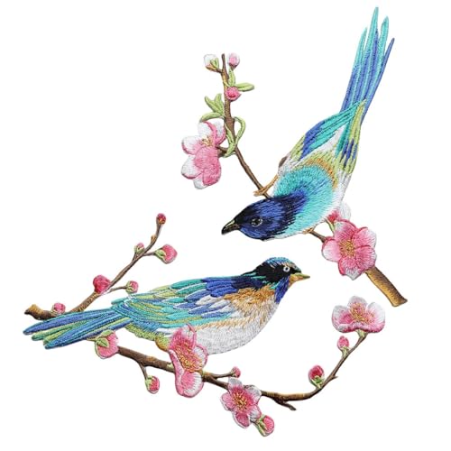 Iron/Sew on Applique Repair Patches, Multicolor Bird on Plum Branch Patch - color: Multicolor Bird on Plum Branch