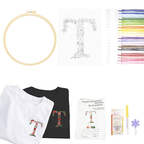Topapfo Alphabet Letter T Stick and Stitch Embroidery Kit for Clothing, Beginners Name Embroidery Pattern Transfer Paper Stencils Water Soluble for Clothes Jeans T-Shirts Tote Bags - color: T