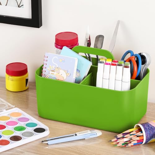 Multiuse Caddy Organizer with Handle, Portable Divided Plastic Tote Bin - Art Craft, Stationary Pen Marker Crayons, Makeup Hair Supplies Storage - Bathroom, Classroom, Dorm, Office, Desk Holder -Green - color: Green
