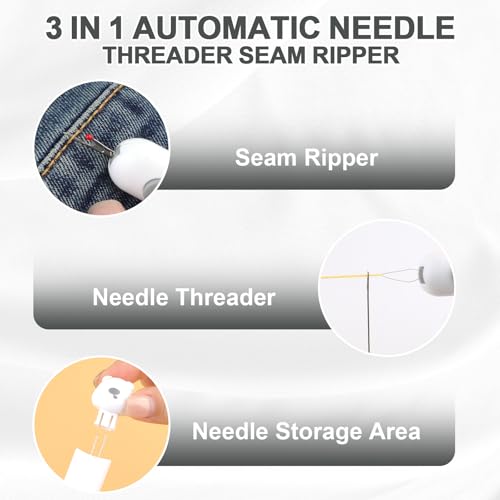 Automatic Needle Threaders Seam Ripper, Upgraded 3 in 1 Sewing Needle Threader Tool, 2Pcs Stretchable Quick Seam Rippers with Needle Storage for Hand Quilling, Embroidery Stitch Removal(Grey) - color: Grey
