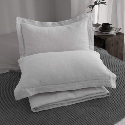 Simple&Opulence 100% Linen Duvet Cover Set with Embroidery Border Washed - 2 Pieces (1 Duvet Cover & 1 Pillow Sham) with Button Closure Soft Breathable Farmhouse - Light Grey, Twin Size - color: Light Grey, size: Twin