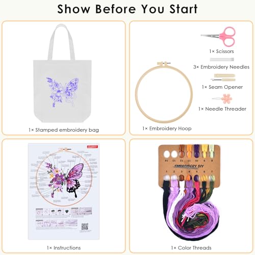 ERKOON Embroidery Canvas Tote Bag for Beginners, Needlepoint Arts Crafts Cross Stitch Kits for Adults Including Stamped Embroidery Bag with Hoops, Needle, Instruction and Color Threads (Butterfly) - color: Butterfly