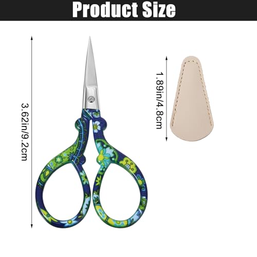Xinjoduz 2 PCS Small Craft Scissors, 3.62" Sharp Embroidery and Crafting Scissors with Leather Cover, Stainless Steel Stork Shaped Crochet Sewing Scissor for Needlework and DIY Crafts, Black Flower