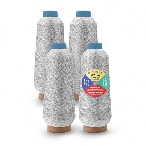 Mandala Crafts 150D/2 Metallic Silver Polyester Serger Threads, 4 Cones - color: Metallic Silver, size: Pack of 4 150D/2