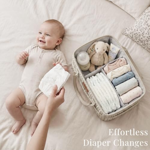 Konssy Baby Diaper Caddy Organizer, Braided Quilted Design with PU Handles - color: Snow Gray