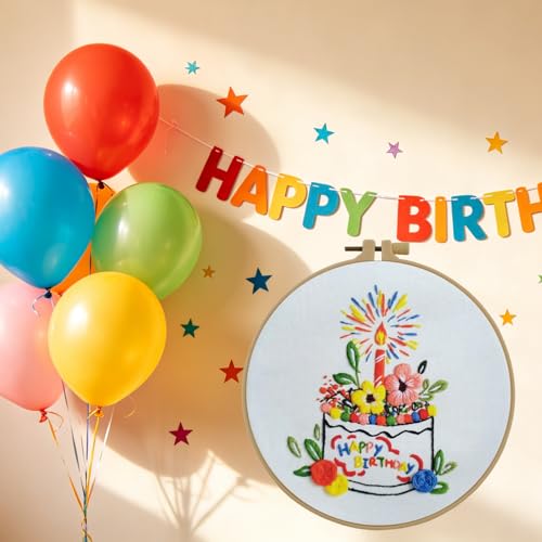 Esffaci Embroidery Starter Kit for Adult Beginner with Birthday Cake Flowers Pattern Hand Embroidery Set with Cloth Hoop Needle Threader Floss and Instruction - color: Birthday Cake