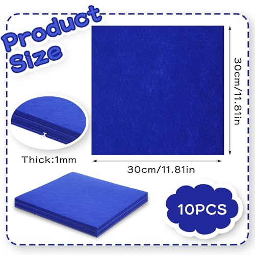 12" x 12" Square Felt Sheet Fabric,10Pcs Felt Fabric,1mm Thick (Royal Blue) - color: Blue