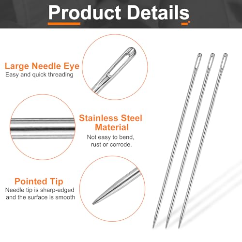 HARFINGTON 4pcs Upholstery Needles 3mm Diameter 150mm (5.91") Extra Long Large Eye Stitching Sewing Straight Hand Needles Stainless Steel for Leather Tapestry Embroidery Tufting Webbing - size: 150mm