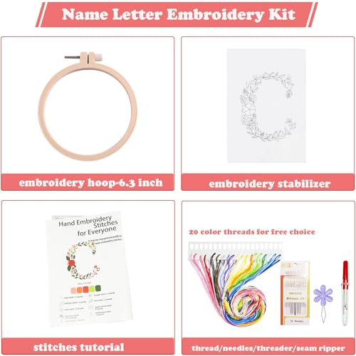 Topapfo Alphabet Letter C Stick and Stitch Embroidery Kit, NameEmbroidery Pattern Water Solute for Cothing T-Shirt Jeans Tote Bags Crafts - color: C