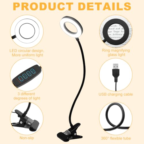 5X Magnifying Glass with Light, Hands Free Clip on Magnifier Lamp