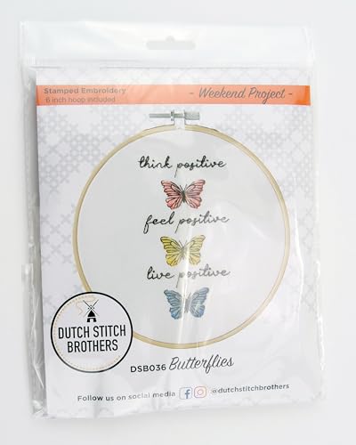 DUTCH STITCH BROTHERS Butterflies Embroidery Starter Kit with Pattern and Instructions. Stamped Embroidery Kits with Embroidery Clothes with Pattern. 6" Embroidery Hoop - color: DSB036 Stamped fabric
