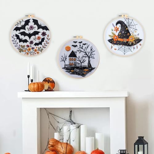 Floral Witch Hat Embroidery Kit Halloween Cross Stitch Material Set with Bat Skull Flower Pumpkin Patterns, DIY Hand Needlepoint Embroidery Craft Kit for Beginners Professional (Haunted House) - color: Haunted House