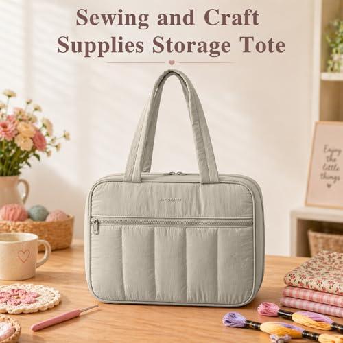AMOIGEE Sewing Bag Organizer with 17 Clear Pockets and Tool Holders - color: Greige