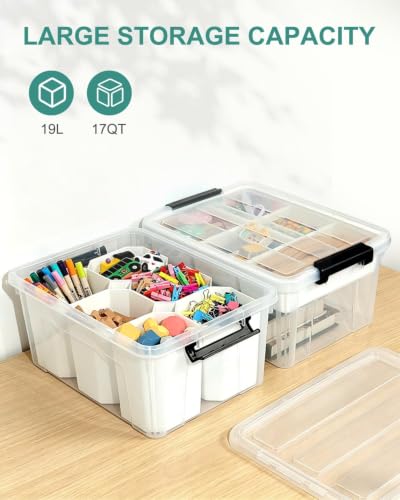 17QT Clear Storage Box with Tray for Crafts & Lego Organization - color: Clear Black+White