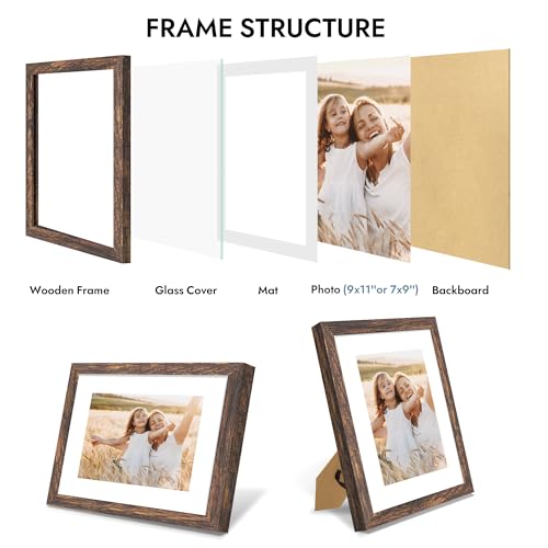 Hongkee 9x11 Picture Frame with Real Glass Wood Frame, 1 Pack(with Mat 7x9) - color: Rustic Brown, size: 9X11 in