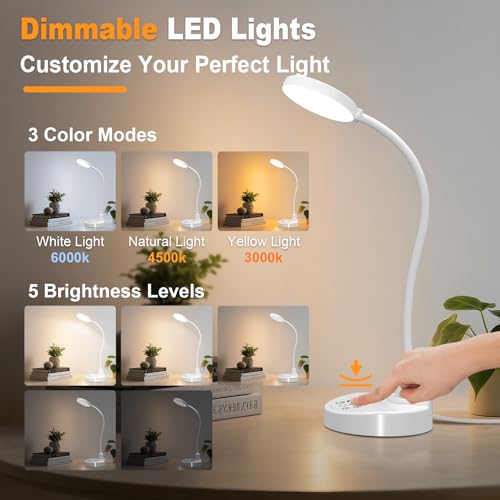 15W LED Desk Lamp with USB Charging Ports, [Button & Remote Control] Dimmable Table Lamp with 3 Color Modes, 5 Brightness Levels, 4 Timers, Flexible Reading Light for Home Office, Bedroom, Kids Study - color: White, size: 3.5'' Lamp with Remote
