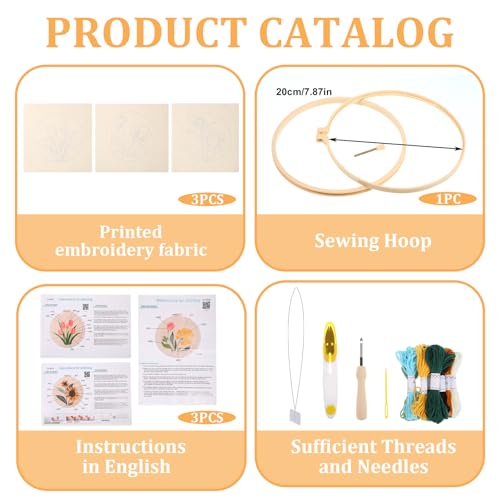 3 Pcs Punch Needle Kits, 7.87 Inch Flower Punch Needle Kit Sunflowers and Tulips Needles Punching kit with Hoop, Instruction, Fabric, Sewing Needles, Yarns, Scissors for Adult, Beginner, Children - size: Style B