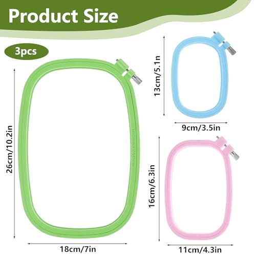3 Pack 3 Size Square Embroidery Hoops, Plastic Cross Stitch Hoop, Reusable Embroidery Hoop for DIY Sewing Project(Multi Color)