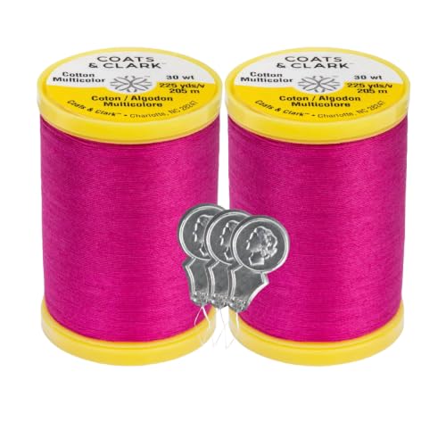 Coats & Clark Cotton All Purpose Sewing Thread 100% Mercerized Cotton 225 Yards Each Spool S970 2 Pack Bundle with 3 Bella's Crafts Needle Threaders (Red Rose) - color: Red Rose
