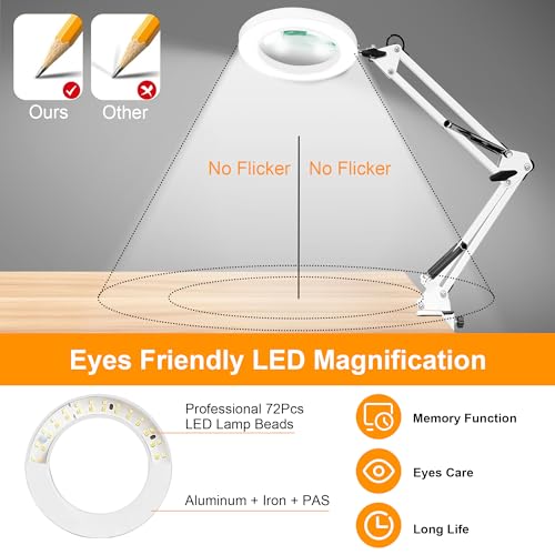 10X Magnifying Glass with Light and Stand, Magnifier with Light Hands Free, 3 Color Modes 10 Level Dimmable, Magnifying Real Glass LED Desk Lamp for Close Work, Repair, Reading, Craft, White