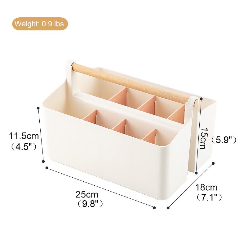 Vidifor Large Plastic Portable Caddy with Handle, Storage Organizer Bin with Adjustable Dividers for Art Supplies, Crafts, Colored Pencils, Makeup Desk - color: White+Pink