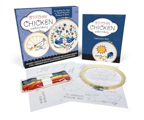 Stitchin' Chicken Embroidery Kit: Includes Cotton Fabric, 6” Embroidery Hoop, Embroidery Floss, 2 Embroidery Needles, Instruction Book, Pattern Transfer Sheets