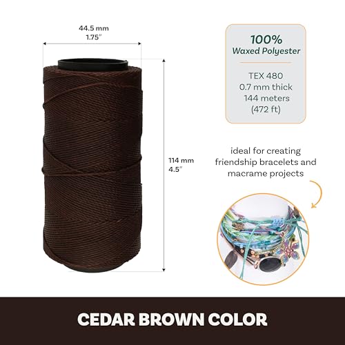The Beadsmith Knot It Waxed Polyester Cord – Cedar Brown Color – 0.7mm Diameter – Light Wax, 144 Meters (472 Feet) Per Spool – Make Jewelry, Macrame, Friendship Bracelets and DIY Crafts - color: Cedar Brown