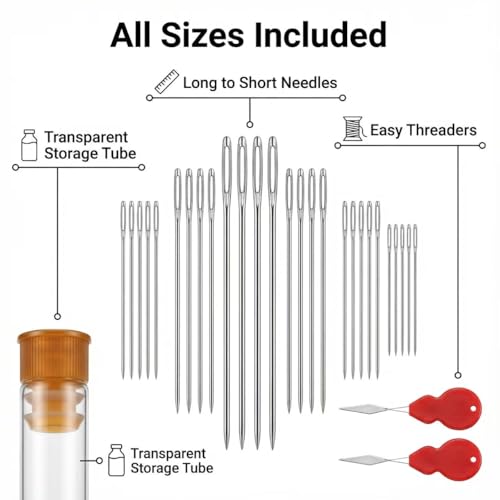 Large Eye Hand Sewing Needles (Sharps/Universal) 25-Pack - Assorted Sizes for Embroidery, Quilting, Cross Stitch with Portable Storage Box