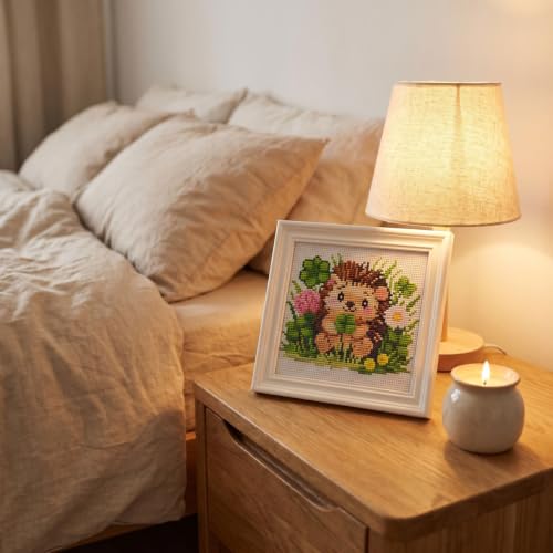 Hedgehog Clover Stamped Cross Stitch Kits for Beginners Adults with Framed - color: DKJ031