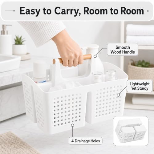 Portable Shower Caddy Basket with 3 Compartments and Handle, White - color: White