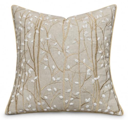 VAGMINE Embroidered Magnolia Branch 20x20 Throw Pillow Cover, Natural - color: Natural-forest, size: 20" x 20" (Pack of 1)