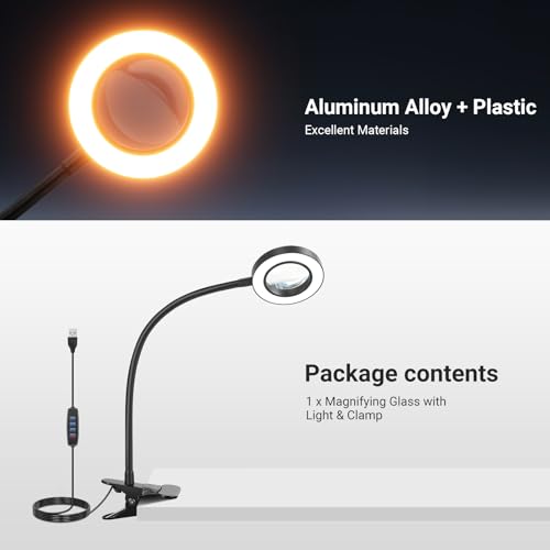 NEEWER Entry Level Version 10X Magnifying Glass with Light/Clamp Stand, 3.7" Bi Color Dimmable Magnifier Lamp Clip on Small LED Ring Light, 3 CRI80+ for Desk Crafting Reading Close up Work, N34 - style: N34