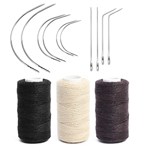 Ryalan Weaving Needle Combo Deal 3 Thread with Needle for Making Wig Sewing Hair Weft Hair Weave Big Medium and Small C Shape Curved Needle with J I Needle (10 Needle, 3 Thread Black, Brown, Blonde) - color: Black Brown Blonde