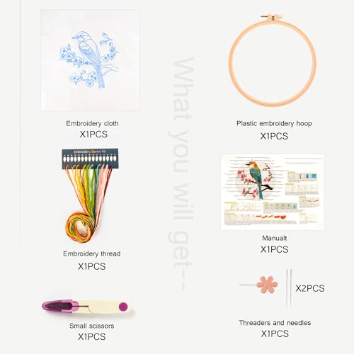 MAMUNU Embroidery Kit for Beginners Adults, Cross Stitch Kits, Stamped Cross Stitch Kits, Hummingbird and Flower Embroidery Kit with Printed Embroidery Cloth, Embroidery Hoop, Color Threads and Tools - color: Bird