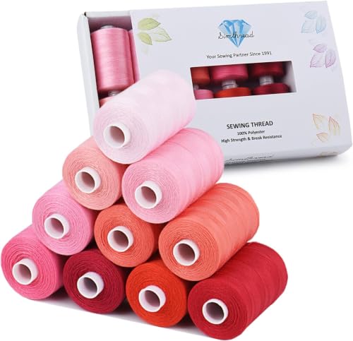 Simthread All Purpose Sewing Thread, 10 Spool Assorted Red Series 1000 Yards Each Bobbin Polyester Thread for Sewing, Handy Polyester Sewing Threads for Sewing Machine - (Red Series) - color: red series