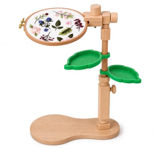 Sherbo Tall Embroidery Hoop Stand with 7 Inch Beech Wood Hoop and 2 Green Accessory Trays, Adjustable Rotating Hands-Free Tabletop or Lap Holder for Cross Stitch - style: Adjustable