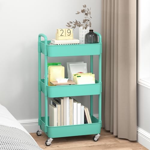 Sywhitta 3-Tier Plastic Rolling Utility Cart with Wheels for Storage, Green - color: Green, size: 3-tier